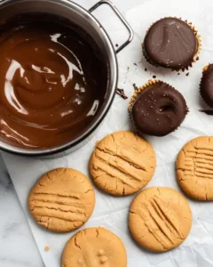 Peanut butter cookies being dipped into melted dark chocolate on parchment paper