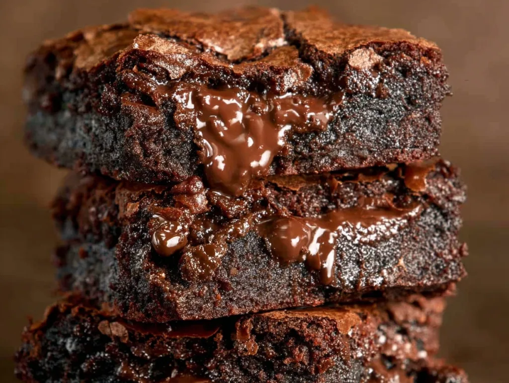Close-up of fudgy Greek yogurt brownies with melted chocolate inside