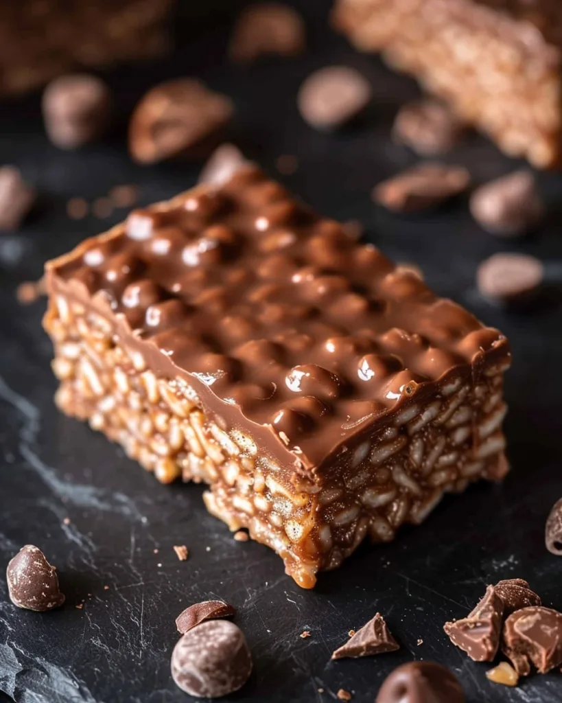 Multiple homemade chocolate crunch bars on dark background