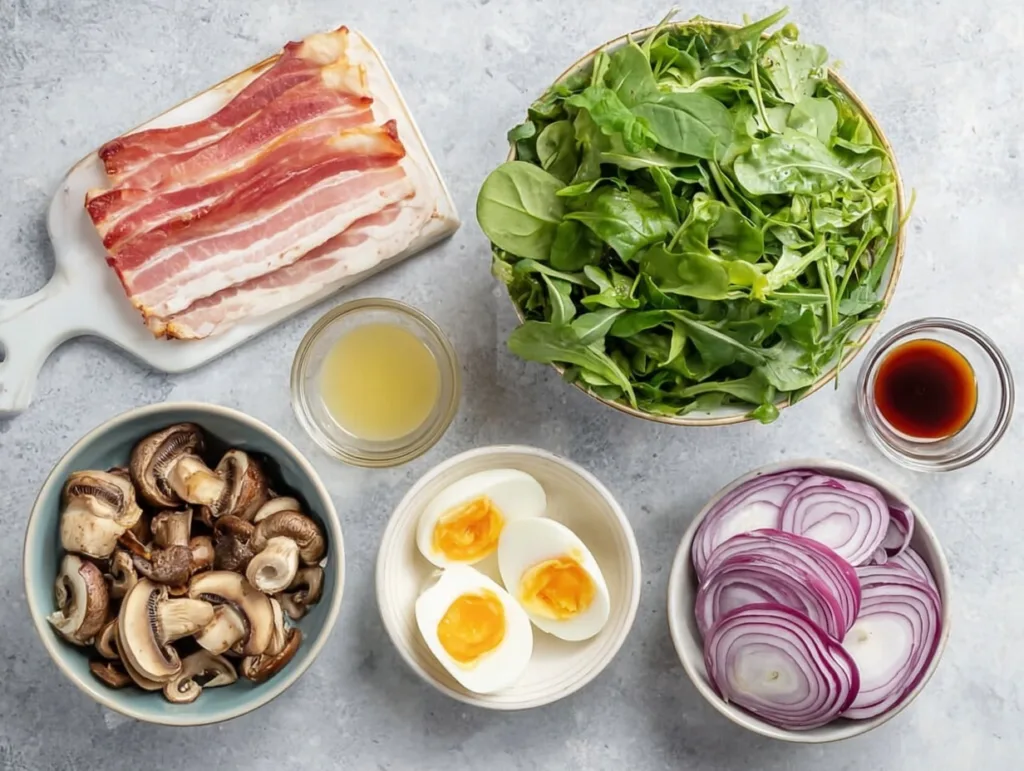 Ingredients for spinach salad with warm bacon dressing arranged on table