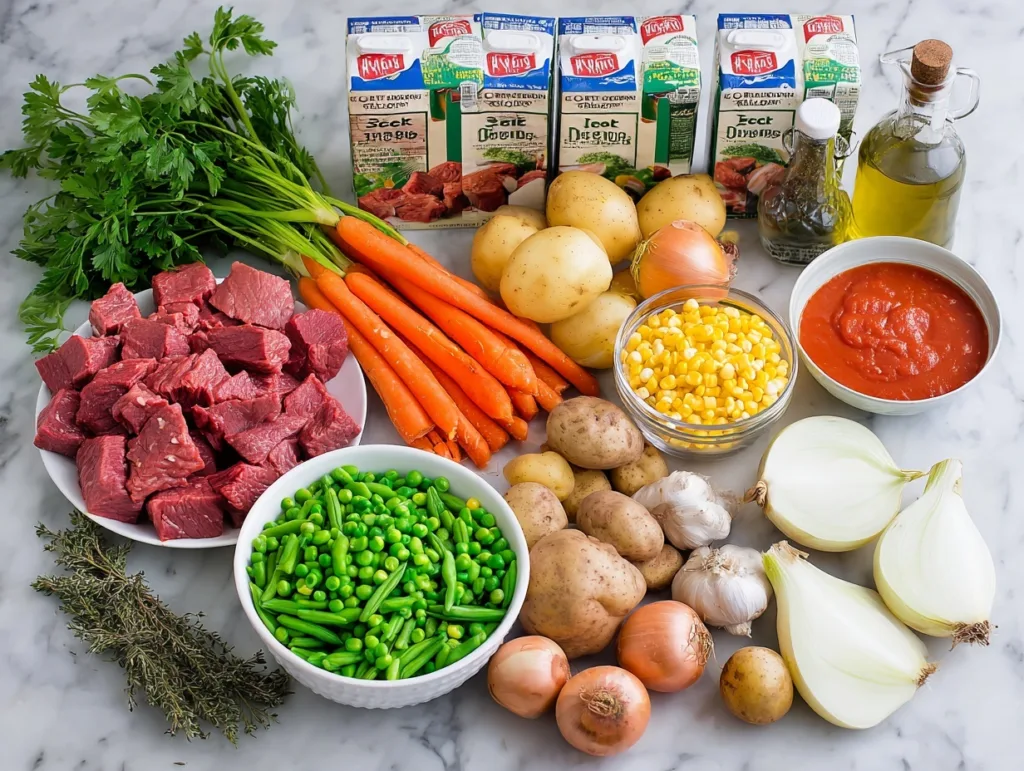 Fresh ingredients for homemade vegetable beef soup arranged on a marble surface