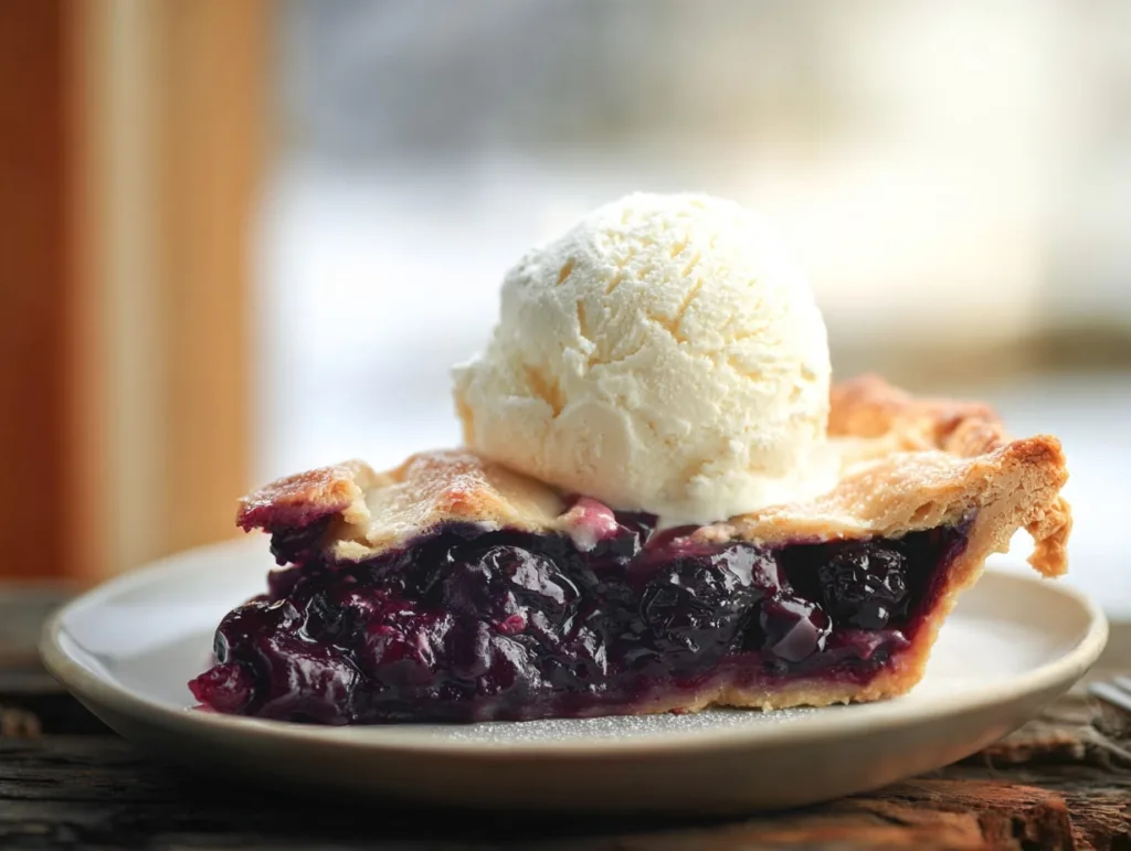 Slice of keto blueberry pie with vanilla ice cream on a rustic plate