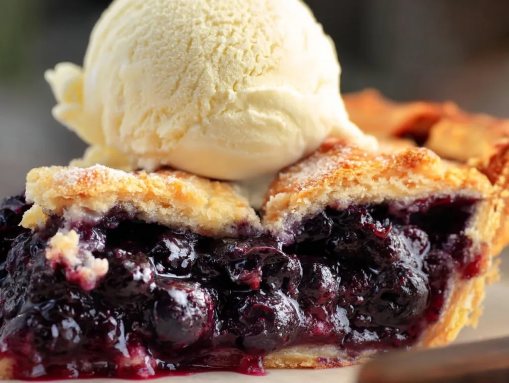 5-Ingredient Keto Blueberry Pie (Crispy Crust, Gooey Center!) 6 Close-up of keto blueberry pie with vanilla bean ice cream