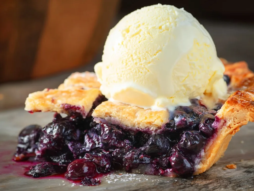 5-Ingredient Keto Blueberry Pie (Crispy Crust, Gooey Center!) 7 Keto blueberry pie slice topped with vanilla ice cream on white plate