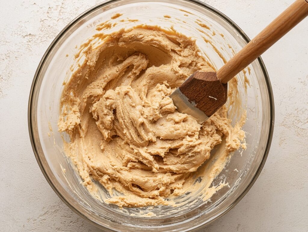 Thick peanut butter cookie dough in glass bowl with wooden spatula