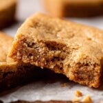 Chewy peanut butter cookie bar with bite taken out