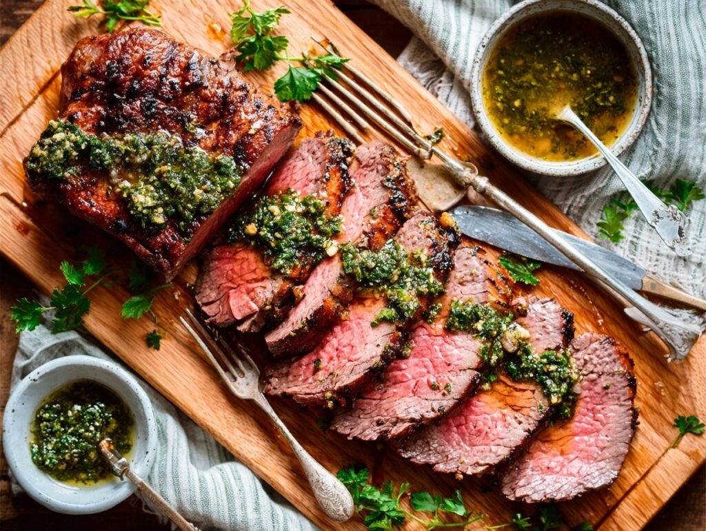 5-Ingredient Air Fryer Tri Tip – Juicy, Simple & Protein-Packed! 5 Juicy air fryer tri tip with chimichurri on wooden board