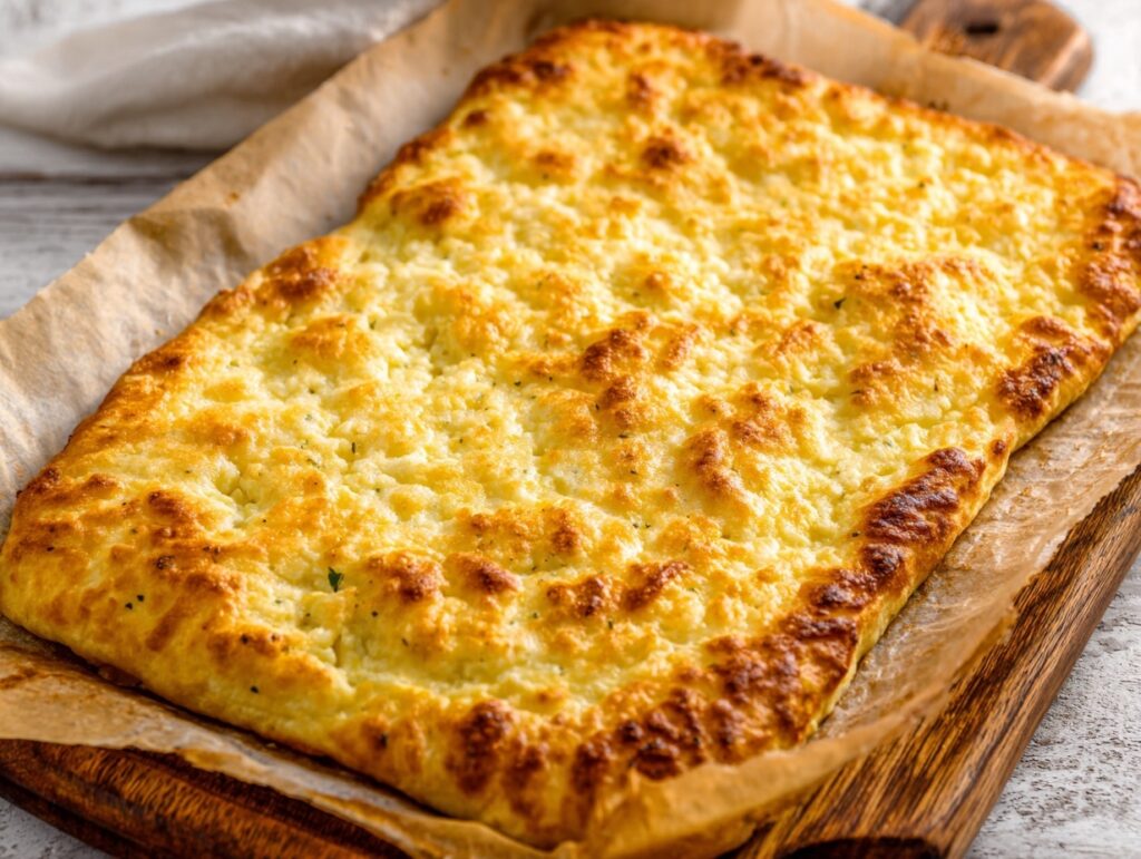 golden cottage cheese flatbread fresh from oven on wooden board