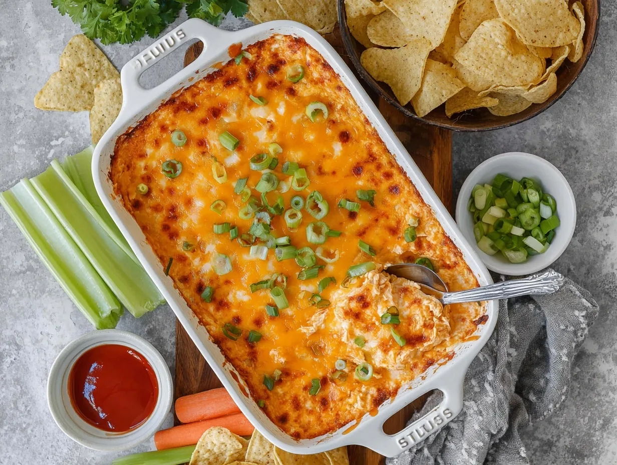 overhead baked cottage cheese buffalo chicken dip with chips and veggies for serving