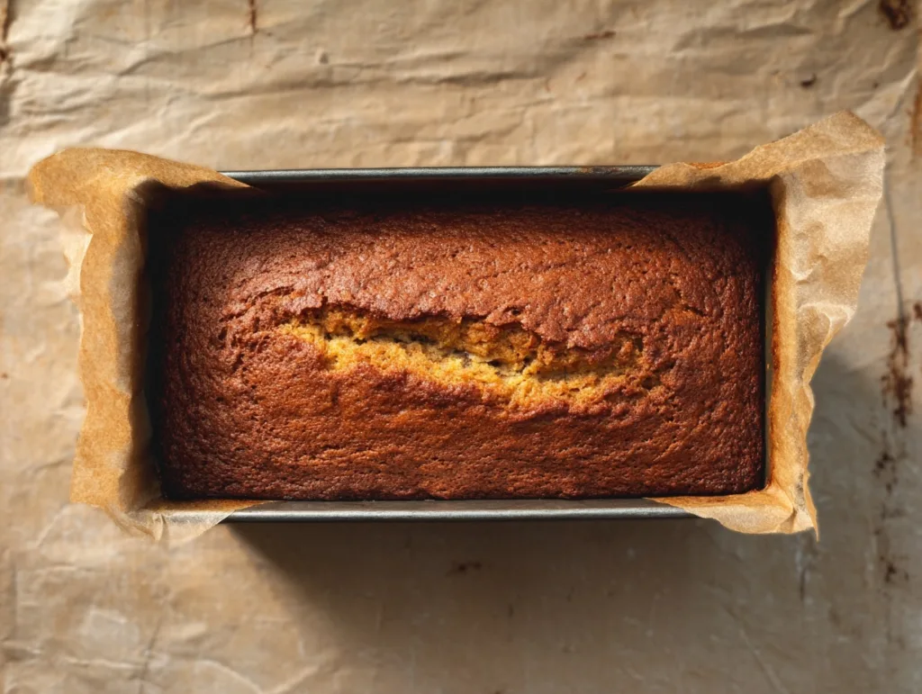 Freshly baked protein banana bread loaf in pan on parchment