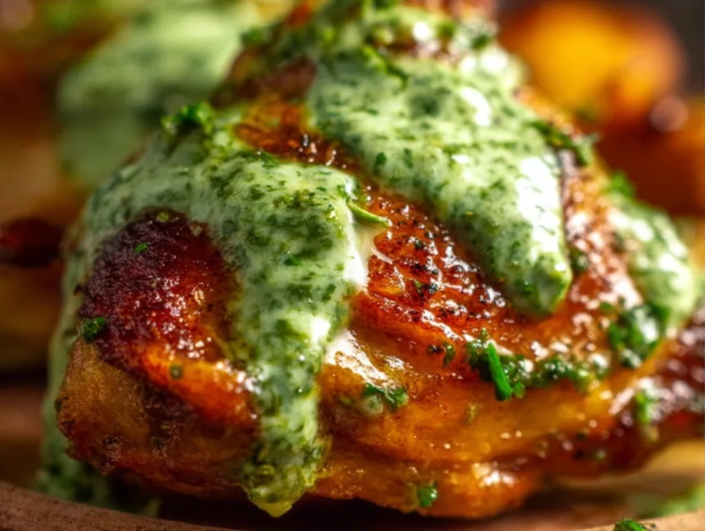 Creamy Peruvian Chicken (Aji Verde) – Easy, Protein-Packed Dinner You’ll Crave 6 Close-up of roasted Peruvian chicken topped with green aji verde sauce