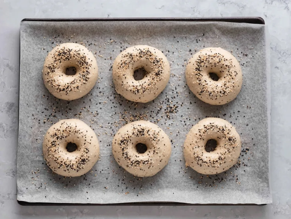 Unbaked protein bagels with seeds on parchment, high-protein dough preparation