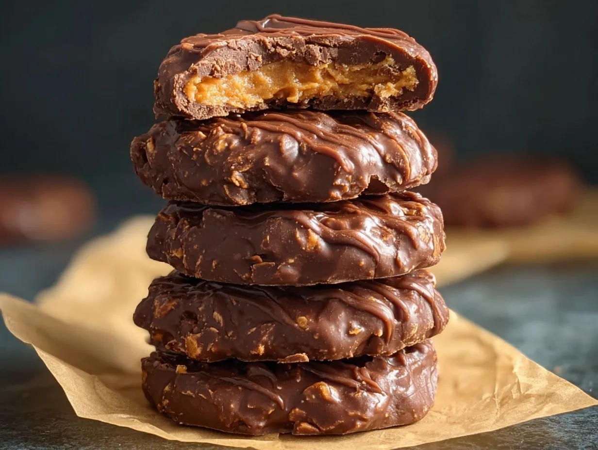 4-Ingredient Chocolate Peanut Butter No Bake Cookies (High-Protein & Ready in 5 Minutes) 10 Stack of chocolate peanut butter no bake cookies drizzled with peanut butter glaze
