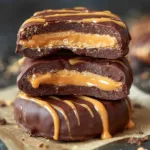 Stack of chocolate peanut butter no bake cookies with creamy filling and drizzle
