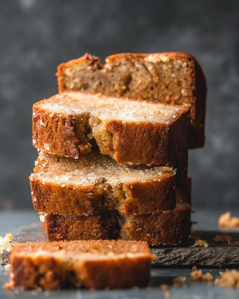 Slices of healthy flourless banana bread stacked on a rustic surface