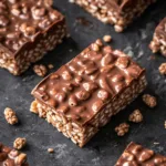 Homemade chocolate crunch bar on slate surface