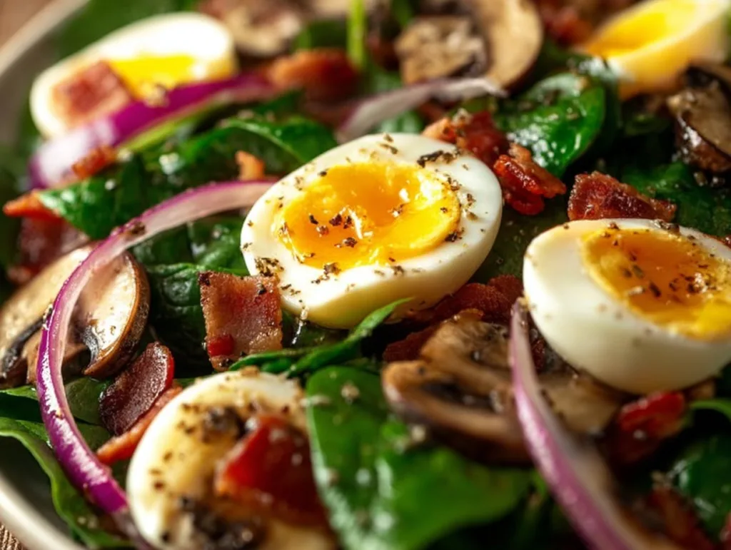 Close-up of spinach salad with warm bacon dressing and soft-boiled eggs
