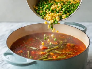 Pouring frozen peas and corn into simmering vegetable beef soup in a Dutch oven