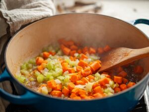 Carrots, celery, and onions sautéing in blue Dutch oven for soup base