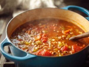 5-Ingredient Black Eyed Pea Soup – Simple & Powerful Comfort 13 Black eyed pea soup simmering in blue Dutch oven with tomatoes and vegetables