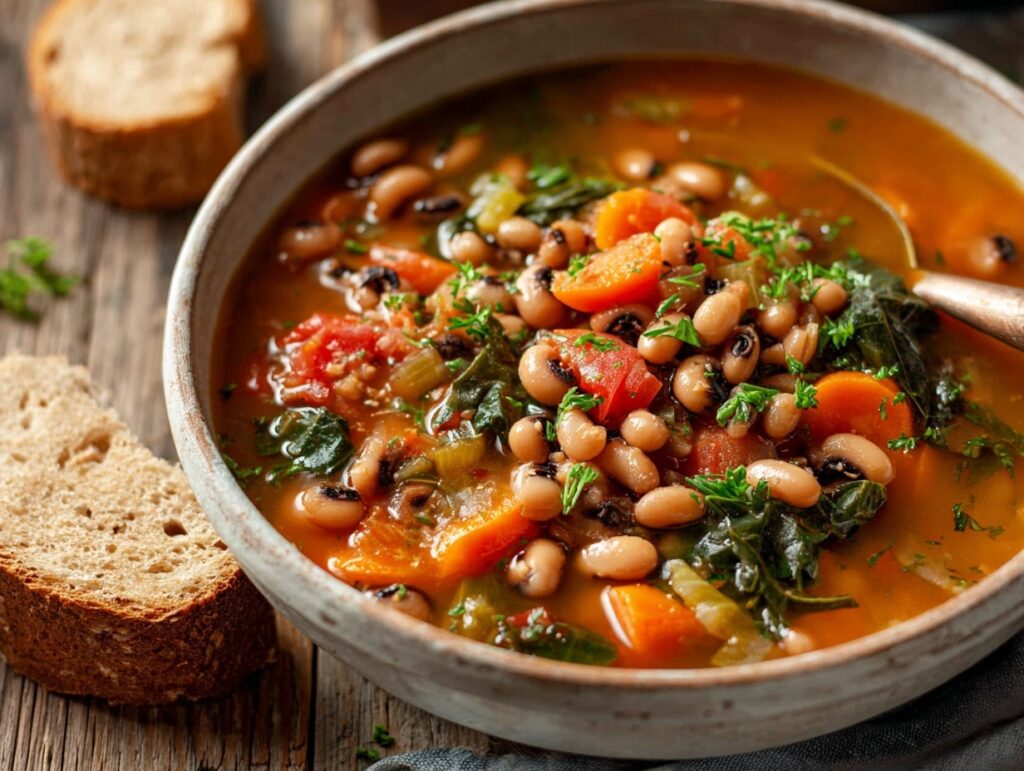 5-Ingredient Black Eyed Pea Soup – Simple & Powerful Comfort 9 Bowl of black eyed pea soup with carrots and greens on rustic table