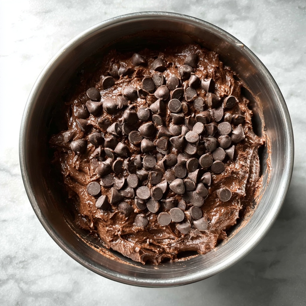 Chocolate protein brownie batter with chocolate chips in a stainless bowl