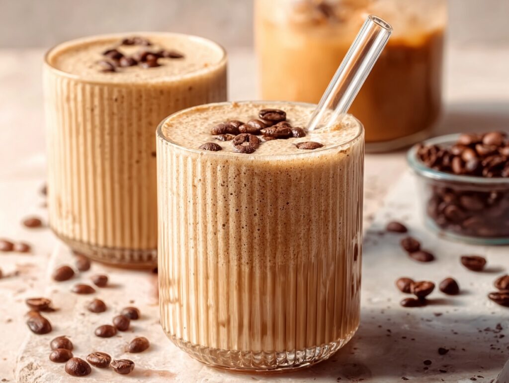 Iced coffee protein shake in glass with coffee beans and straw