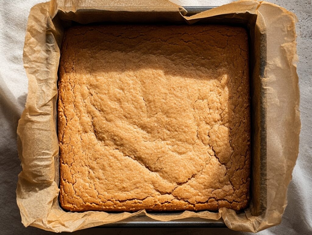 Freshly baked peanut butter cookie bars in parchment-lined square pan