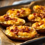 golden air fryer potato skins with melted cheese and bacon on tray