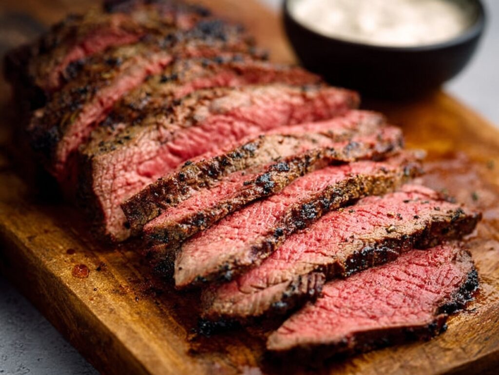 5-Ingredient Air Fryer Tri Tip – Juicy, Simple & Protein-Packed! 6 Sliced air fryer tri tip on wooden board with creamy sauce