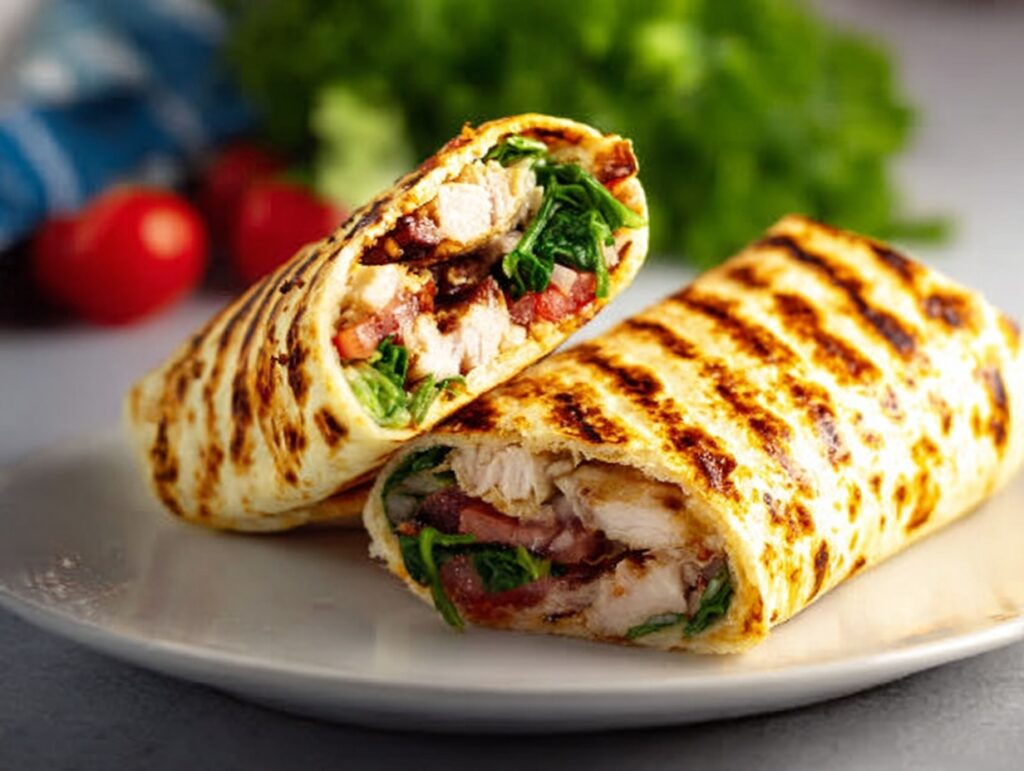 grilled chicken wrap made with cottage cheese flatbread on white plate