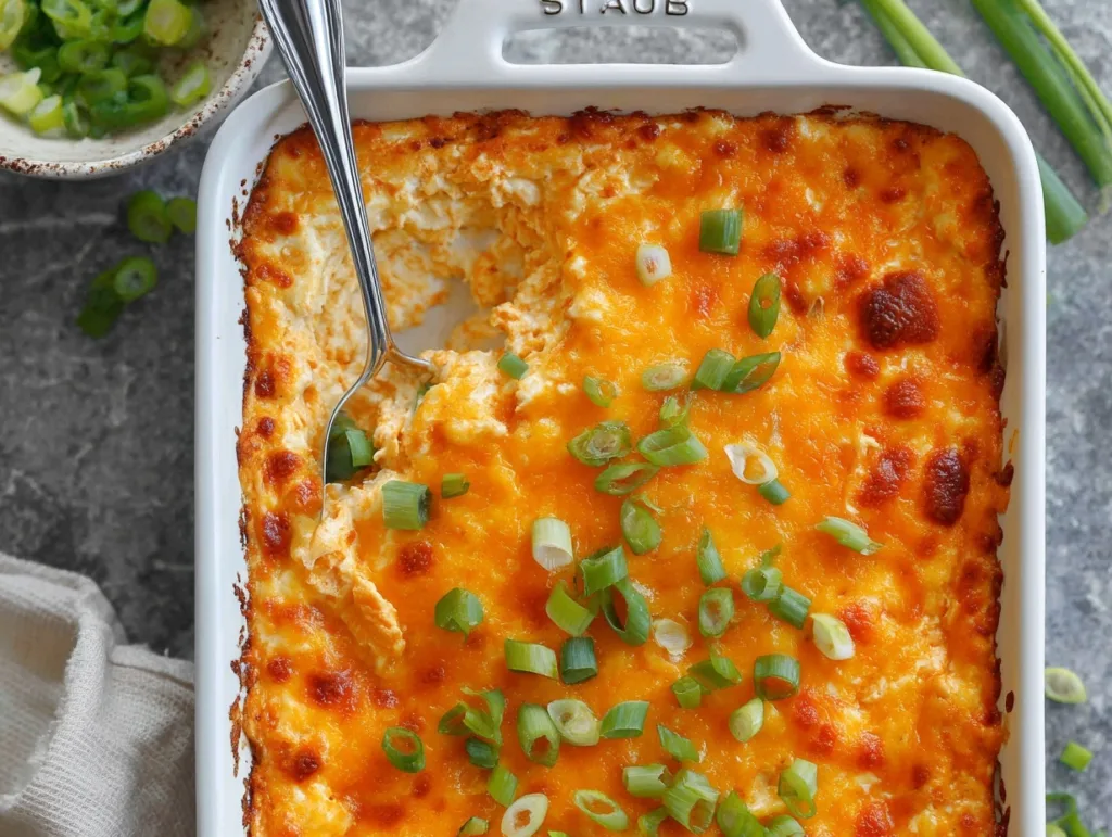close-up baked cottage cheese buffalo chicken dip topped with melted cheese and green onions