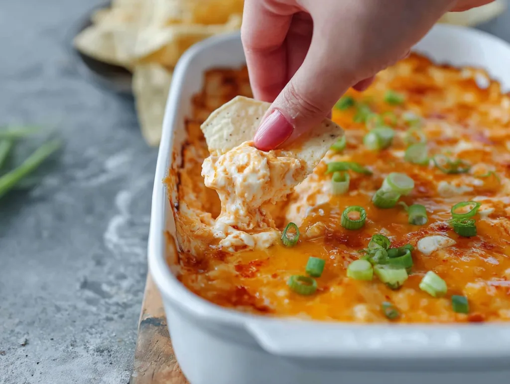 hand dipping tortilla chip into baked cottage cheese buffalo chicken dip topped with cheese