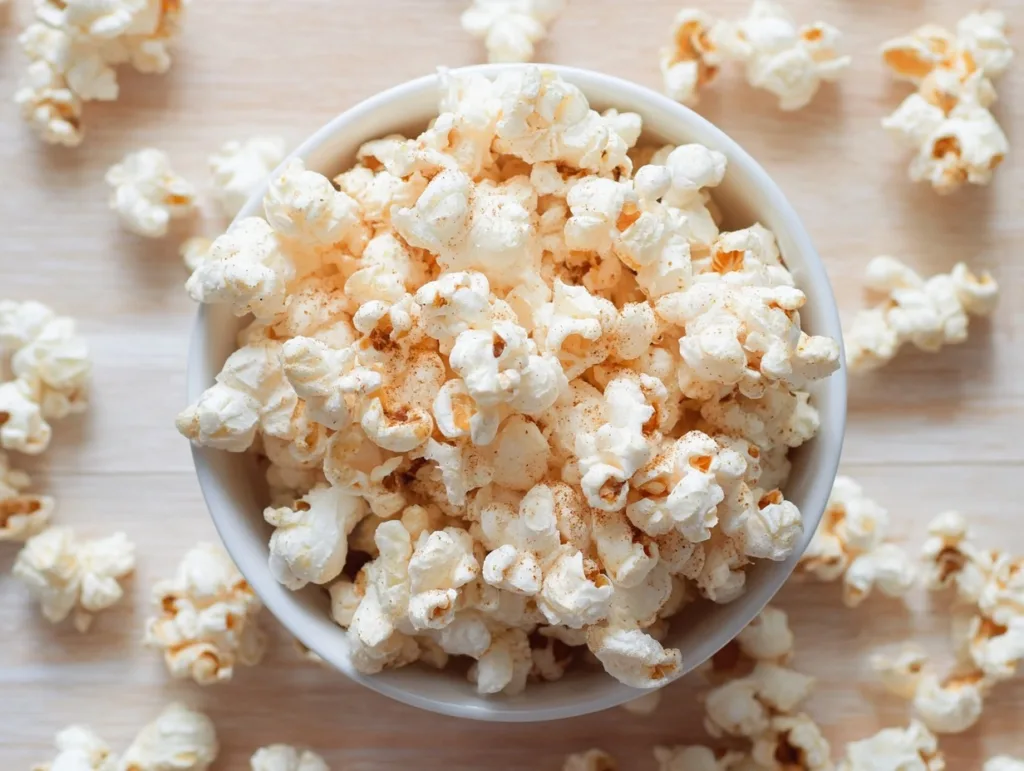 2-Ingredient Protein Popcorn (Crispy, Easy, and High-Protein!) 5 Protein popcorn in white bowl on bamboo surface