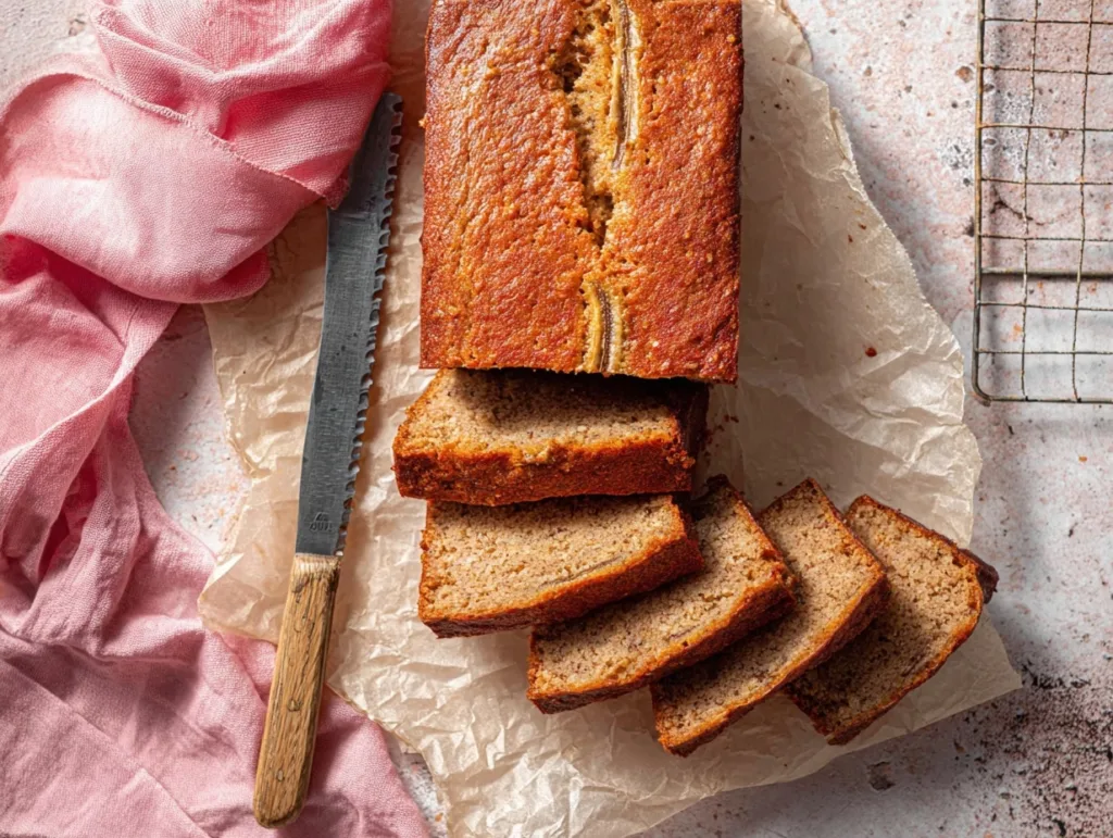 Sliced protein banana bread loaf on parchment with knife