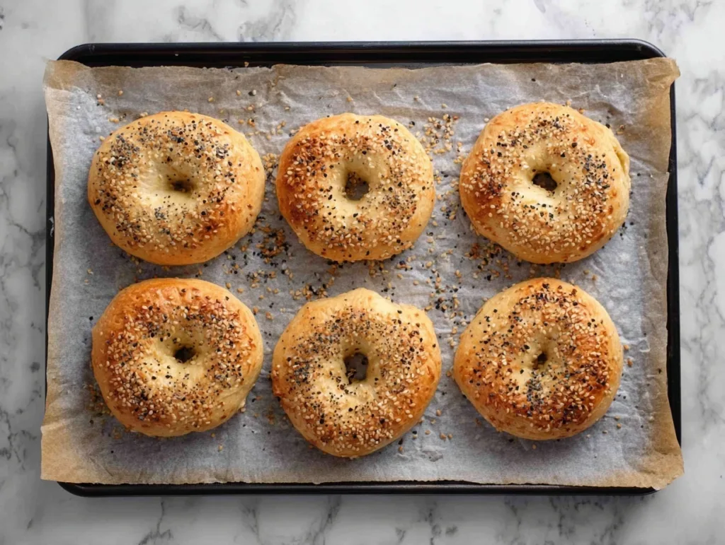 Freshly baked protein bagels on parchment tray, high-protein snack