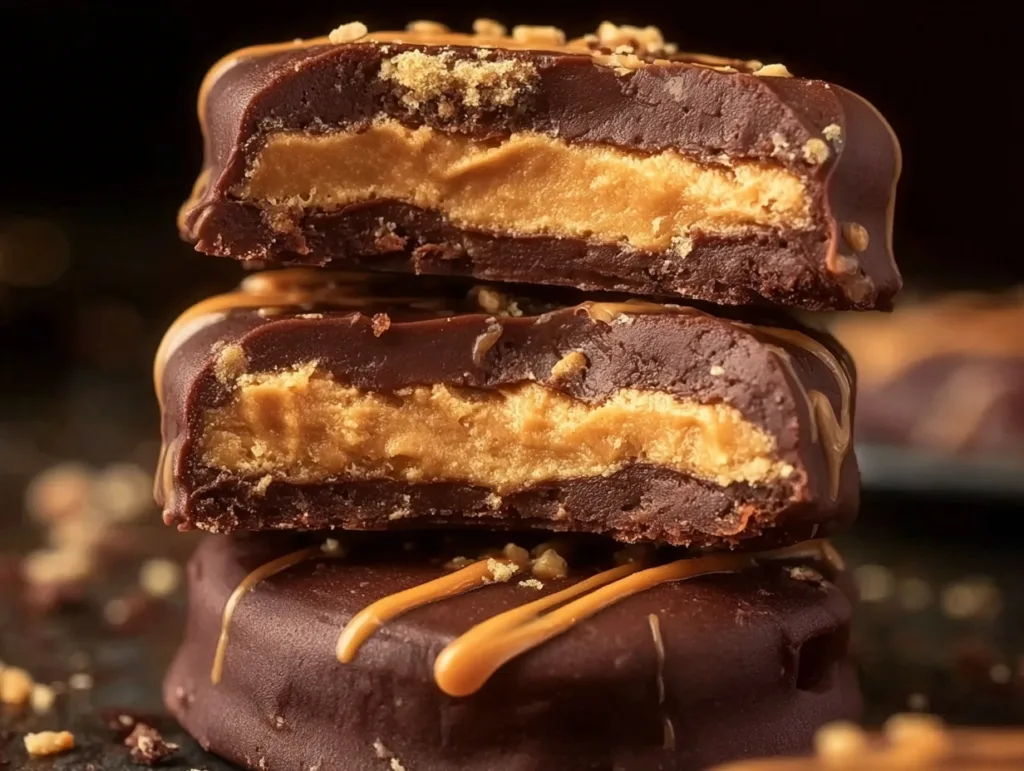 Close-up of chocolate peanut butter no bake cookies showing creamy filling
