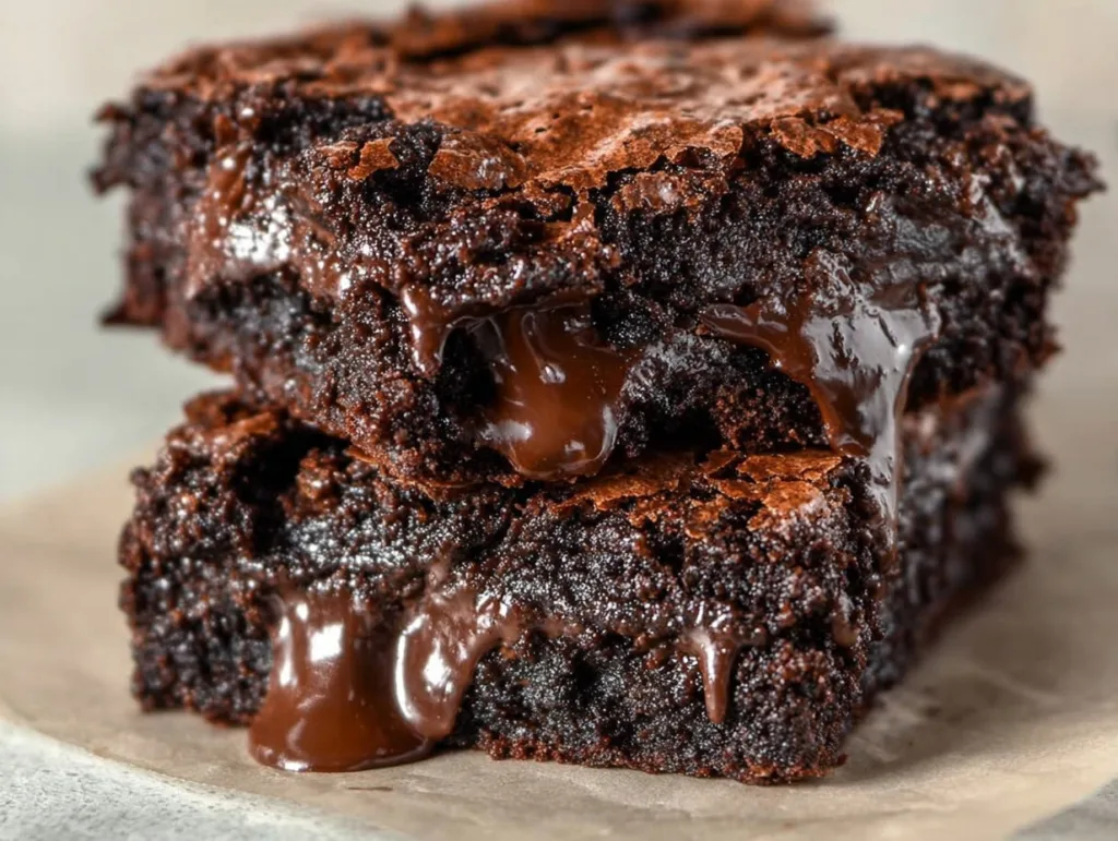Two fudgy Greek yogurt brownies stacked with melted chocolate layers