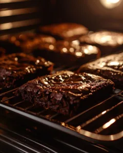 Greek yogurt brownies baking in the oven with glossy chocolate tops