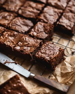 Greek yogurt brownies cooling on a wire rack with shiny crackled tops