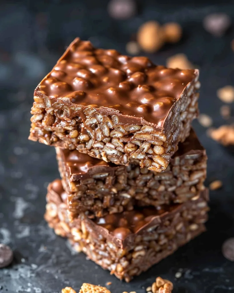 Stack of homemade chocolate crunch bars with glossy finish
