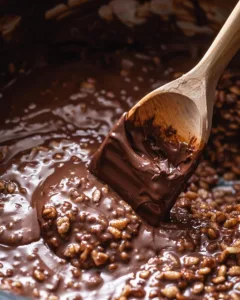 Wooden spoon mixing puffed rice into melted chocolate for homemade crunch bars