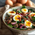 Close-up of warm spinach salad with bacon, eggs, and mushrooms