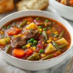Hearty vegetable beef soup with tender beef, carrots, and peas in a rustic white bowl