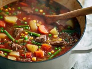 Dutch oven with simmering vegetable beef soup filled with tender beef and colorful vegetables