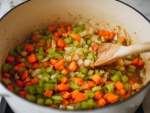 Sautéed carrots, celery, and onions in a white Dutch oven for vegetable beef soup