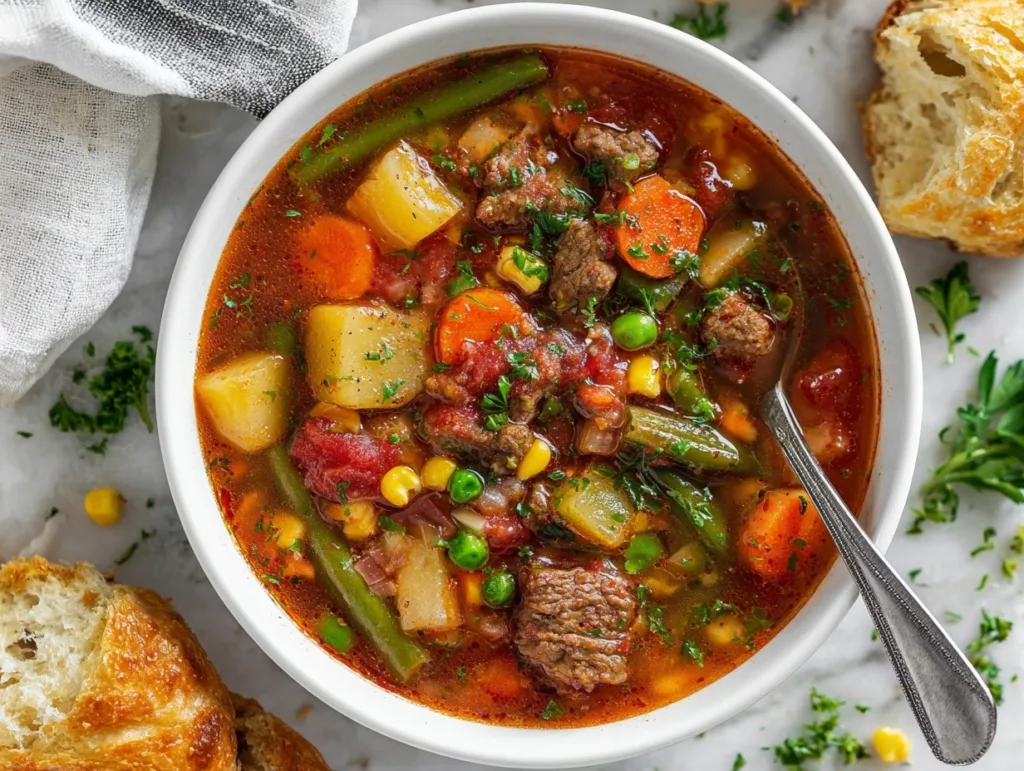 Overhead view of hearty vegetable beef soup with beef, potatoes, and colorful vegetables