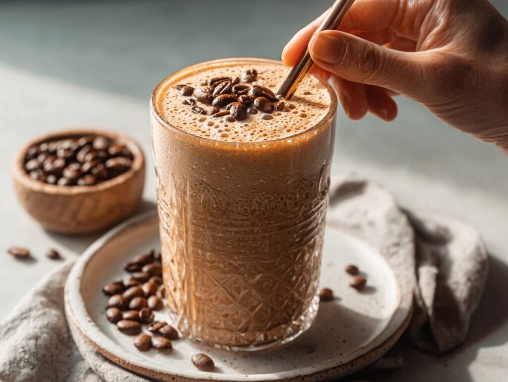 Hand stirring frothy coffee protein shake in glass topped with coffee beans