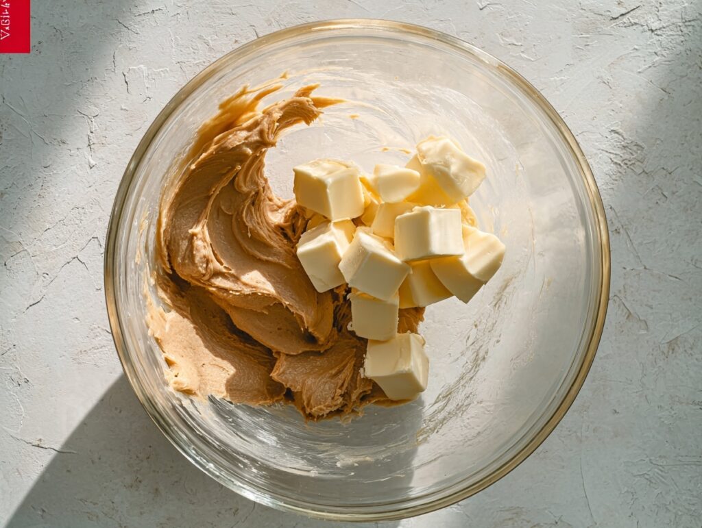 Peanut butter and cubed butter in a glass mixing bowl