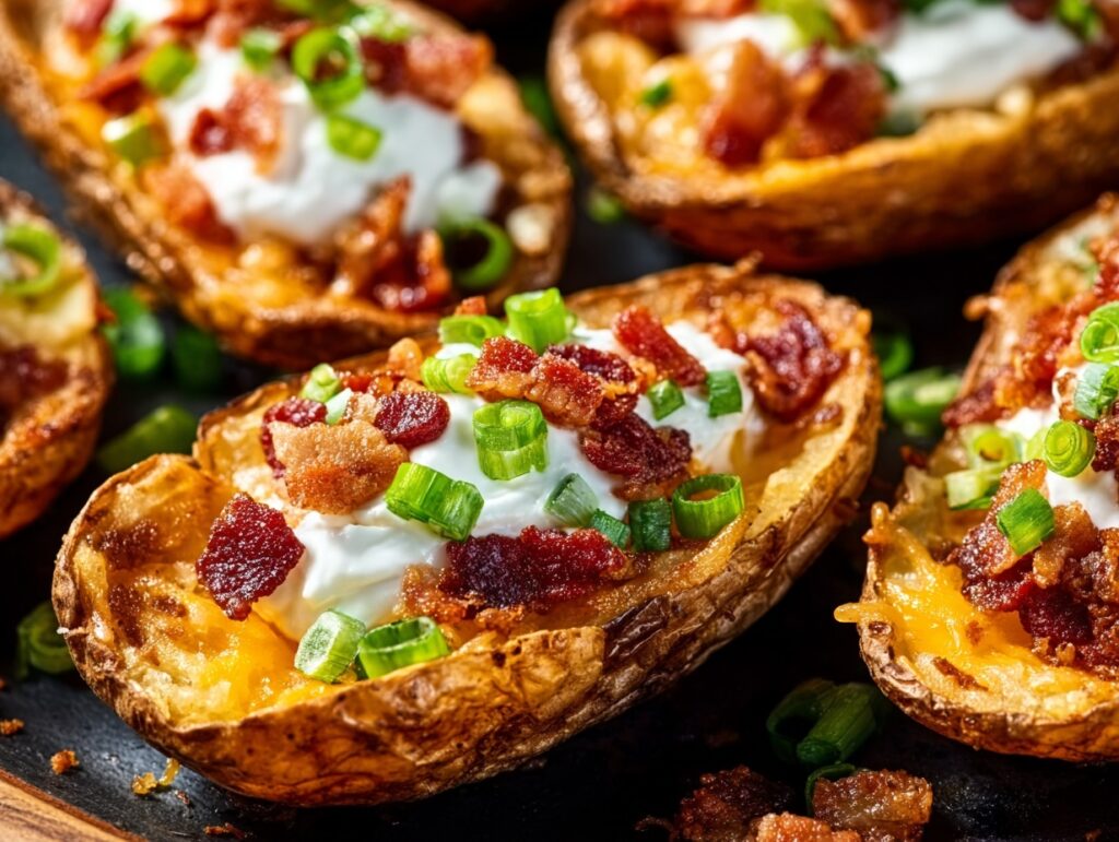 air fryer potato skins with bacon, sour cream, and cheese